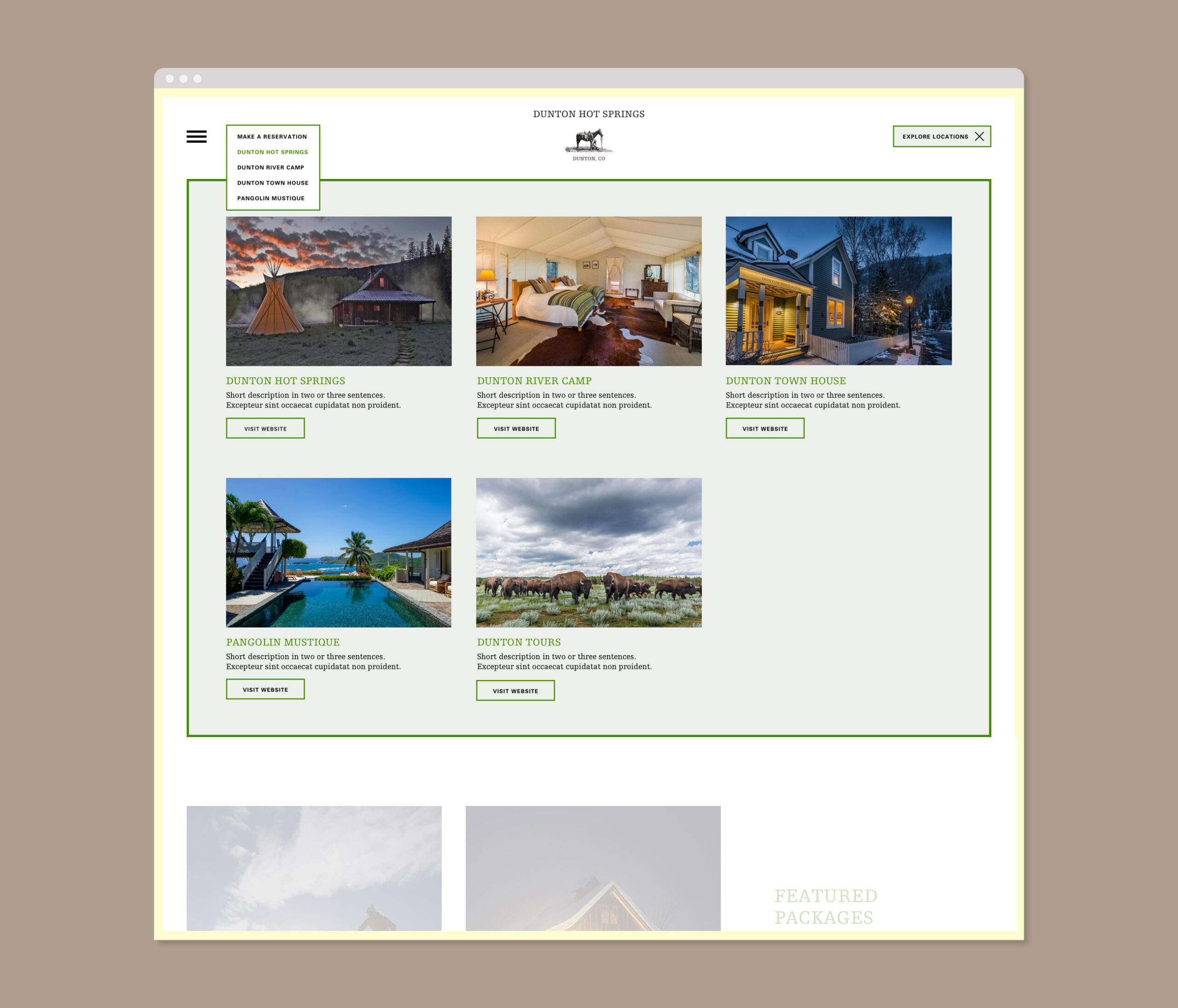 Dunton Hot Springs website menu interface